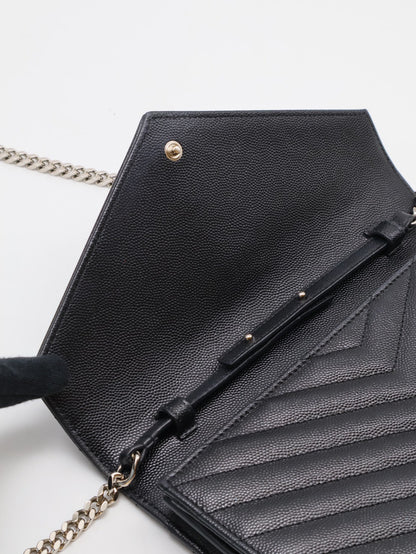 YSL 經典V紋粒面牛皮WOC - 22 黑銀