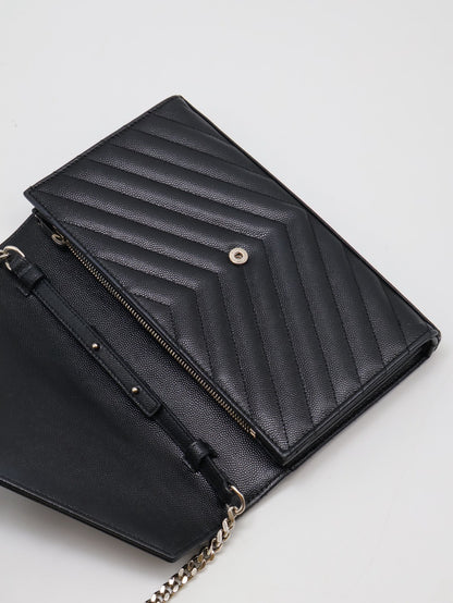 YSL 經典V紋粒面牛皮WOC - 22 黑銀