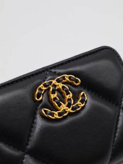 CHANEL 19 24C羊皮拉鍊零錢包 - 黑金