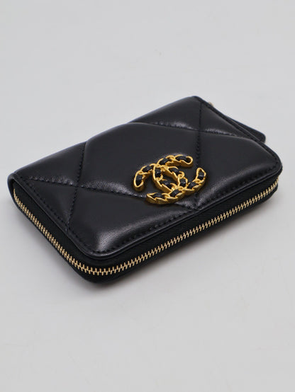CHANEL 19 24C羊皮拉鍊零錢包 - 黑金