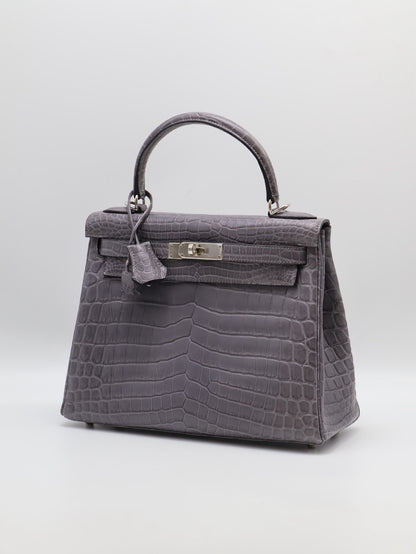 HERMES Kelly 28 霧面鱷魚皮 - 巴黎灰銀 🅀