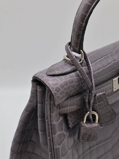 HERMES Kelly 28 霧面鱷魚皮 - 巴黎灰銀 🅀