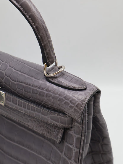 HERMES Kelly 28 霧面鱷魚皮 - 巴黎灰銀 🅀