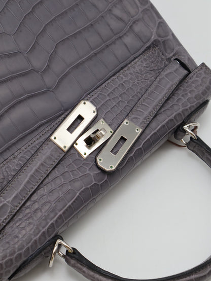HERMES Kelly 28 霧面鱷魚皮 - 巴黎灰銀 🅀
