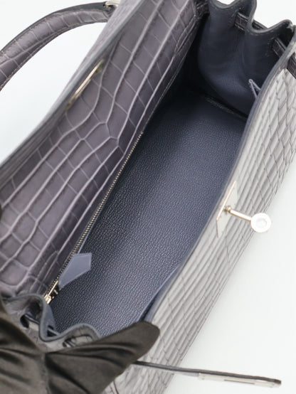 HERMES Kelly 28 霧面鱷魚皮 - 巴黎灰銀 🅀