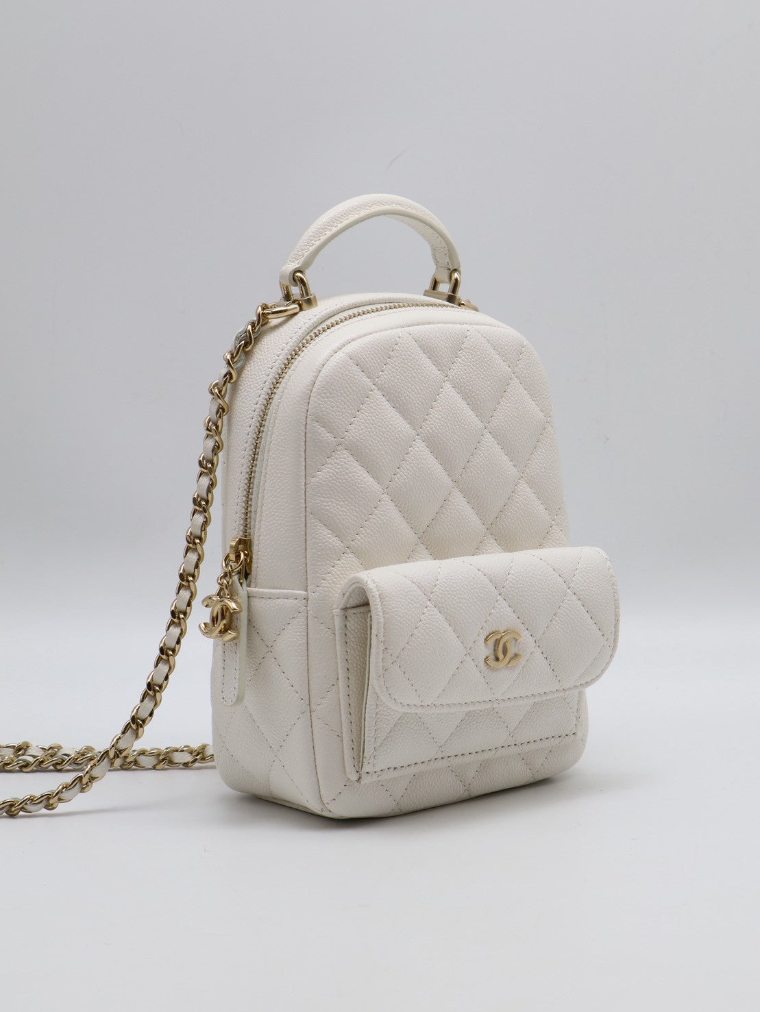 CHANEL 粒面牛皮迷你後背包 - 白金