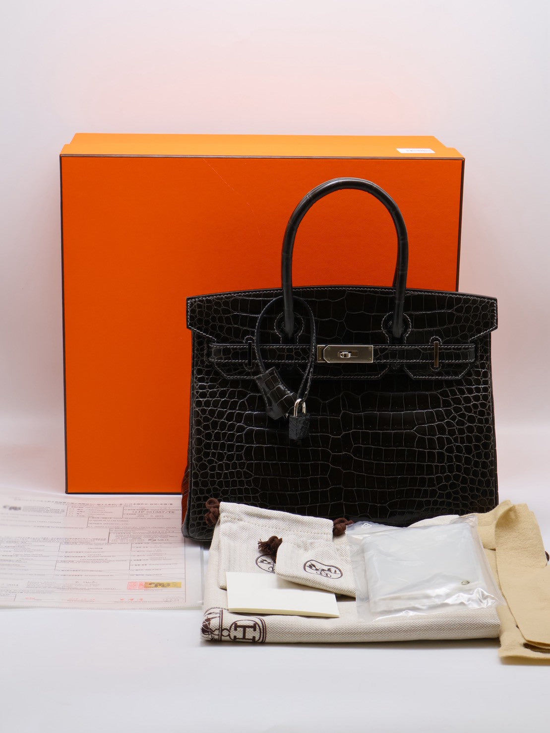 HERMES Birkin 30 亮面鱷魚皮 - Noir 89 黑銀 🅁