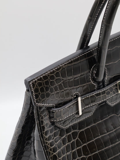 HERMES Birkin 30 亮面鱷魚皮 - Noir 89 黑銀 🅁