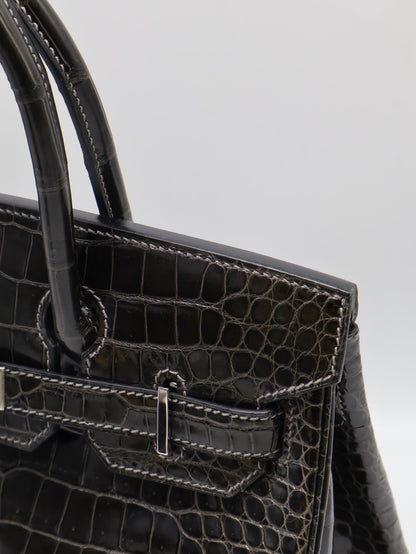 HERMES Birkin 30 亮面鱷魚皮 - Noir 89 黑銀 🅁
