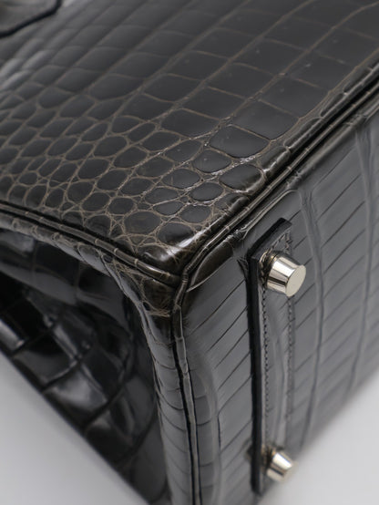 HERMES Birkin 30 亮面鱷魚皮 - Noir 89 黑銀 🅁