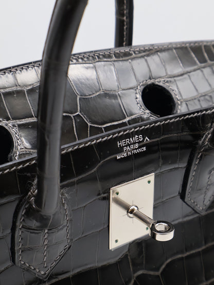HERMES Birkin 30 亮面鱷魚皮 - Noir 89 黑銀 🅁