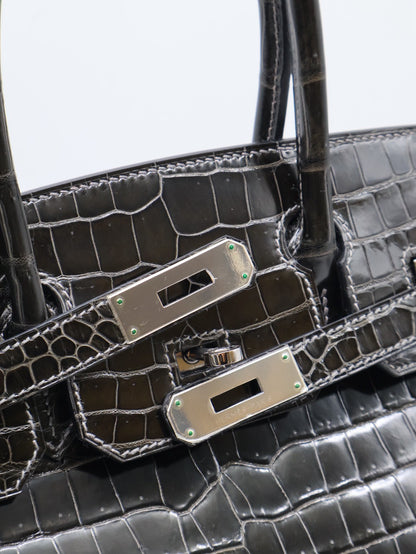 HERMES Birkin 30 亮面鱷魚皮 - Noir 89 黑銀 🅁