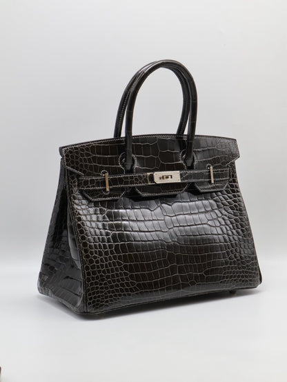 HERMES Birkin 30 亮面鱷魚皮 - Noir 89 黑銀 🅁