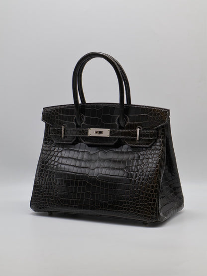 HERMES Birkin 30 亮面鱷魚皮 - Noir 89 黑銀 🅁