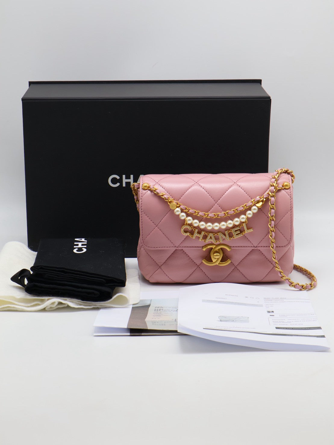 CHANEL 24A珍珠字母鍊方胖子 20 - 粉金