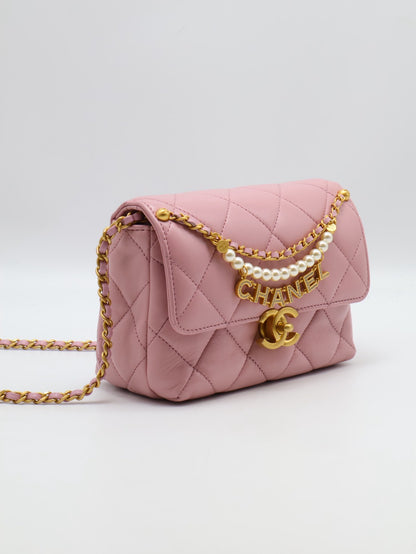 CHANEL 24A珍珠字母鍊方胖子 20 - 粉金