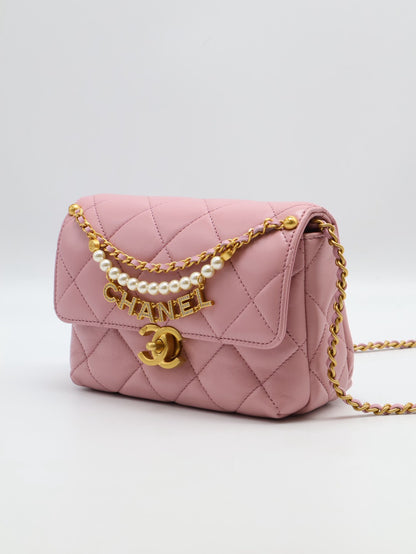 CHANEL 24A珍珠字母鍊方胖子 20 - 粉金