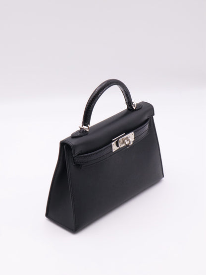 HERMES Mini Kelly ll - Noir 89 蜥蜴拚皮黑銀