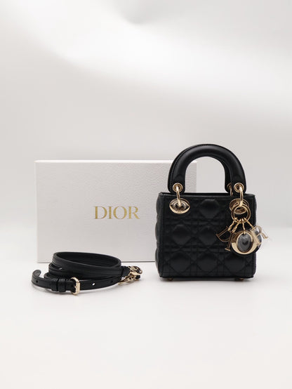 DIOR Lady Dior 藤格紋戴妃包 - Nano黑金