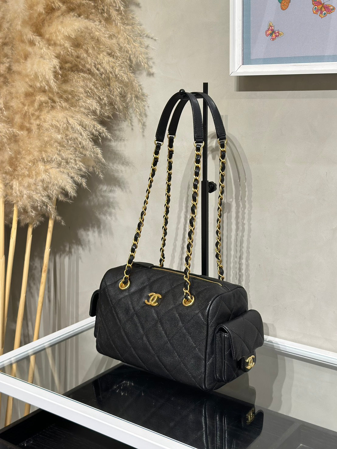 CHANEL 25K雙口袋保齡球包 - 黑金