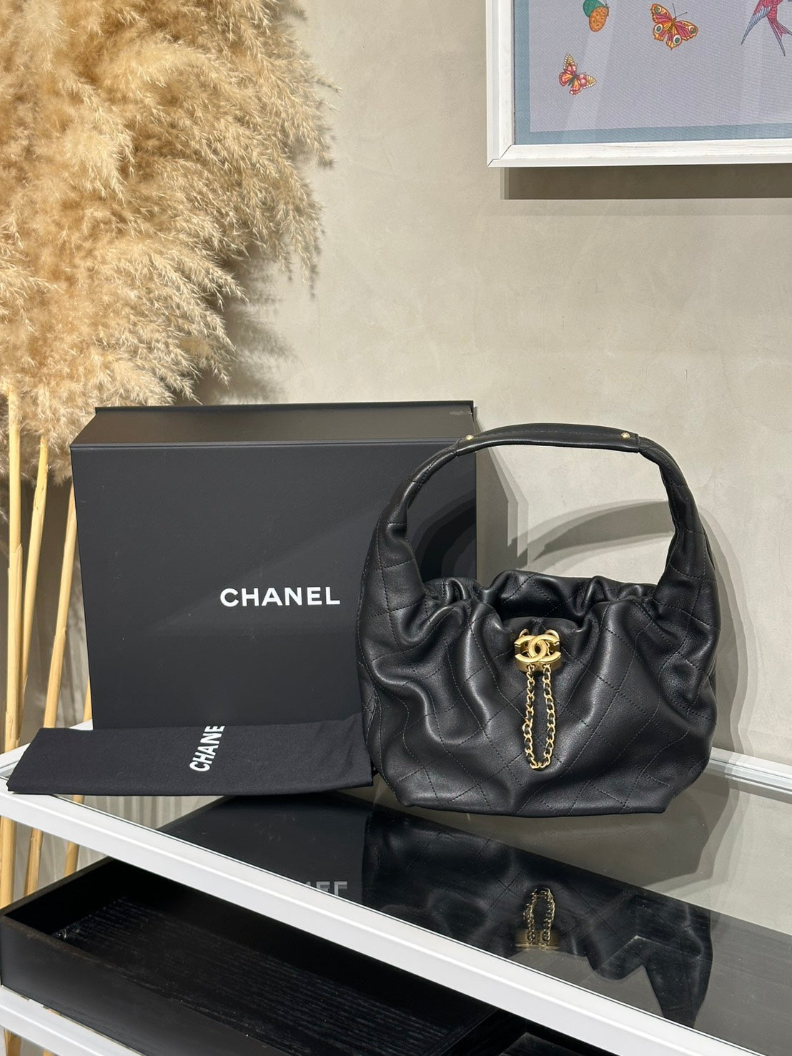 CHANEL 26C牛皮單肩嬉皮Hobo - 小號黑金