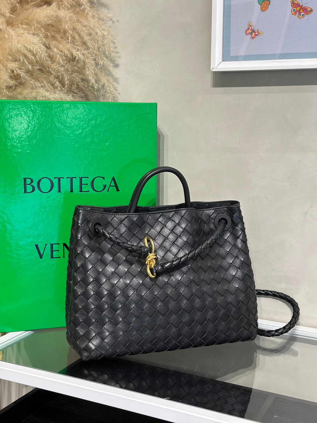 BOTTEGA VENETA Andiamo編織單肩包 - 中號黑金