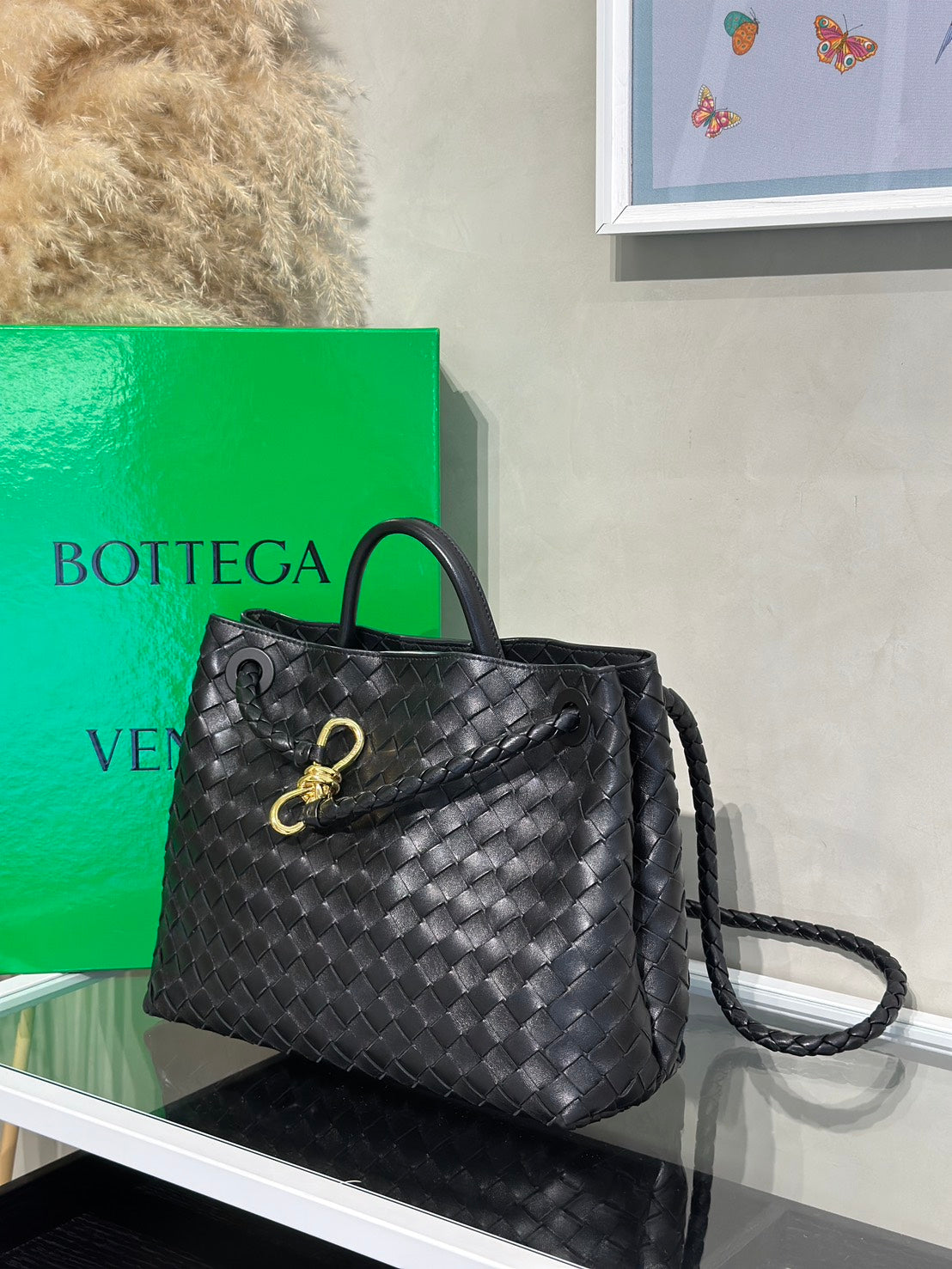 BOTTEGA VENETA Andiamo編織單肩包 - 中號黑金