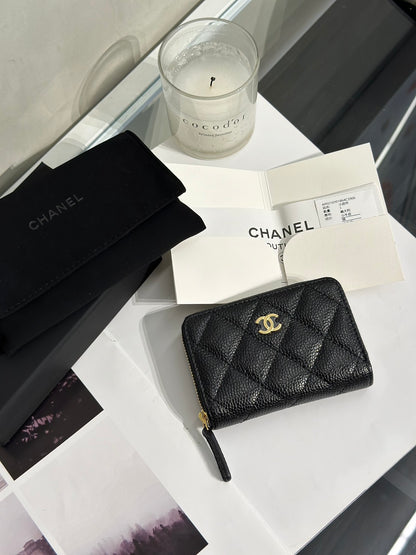 CHANEL 經典粒面牛皮拉鍊零錢包 - 黑金