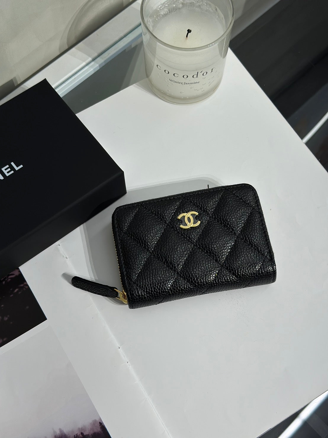 CHANEL 經典粒面牛皮拉鍊零錢包 - 黑金