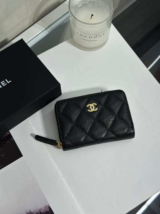 CHANEL 經典粒面牛皮拉鍊零錢包 - 黑金