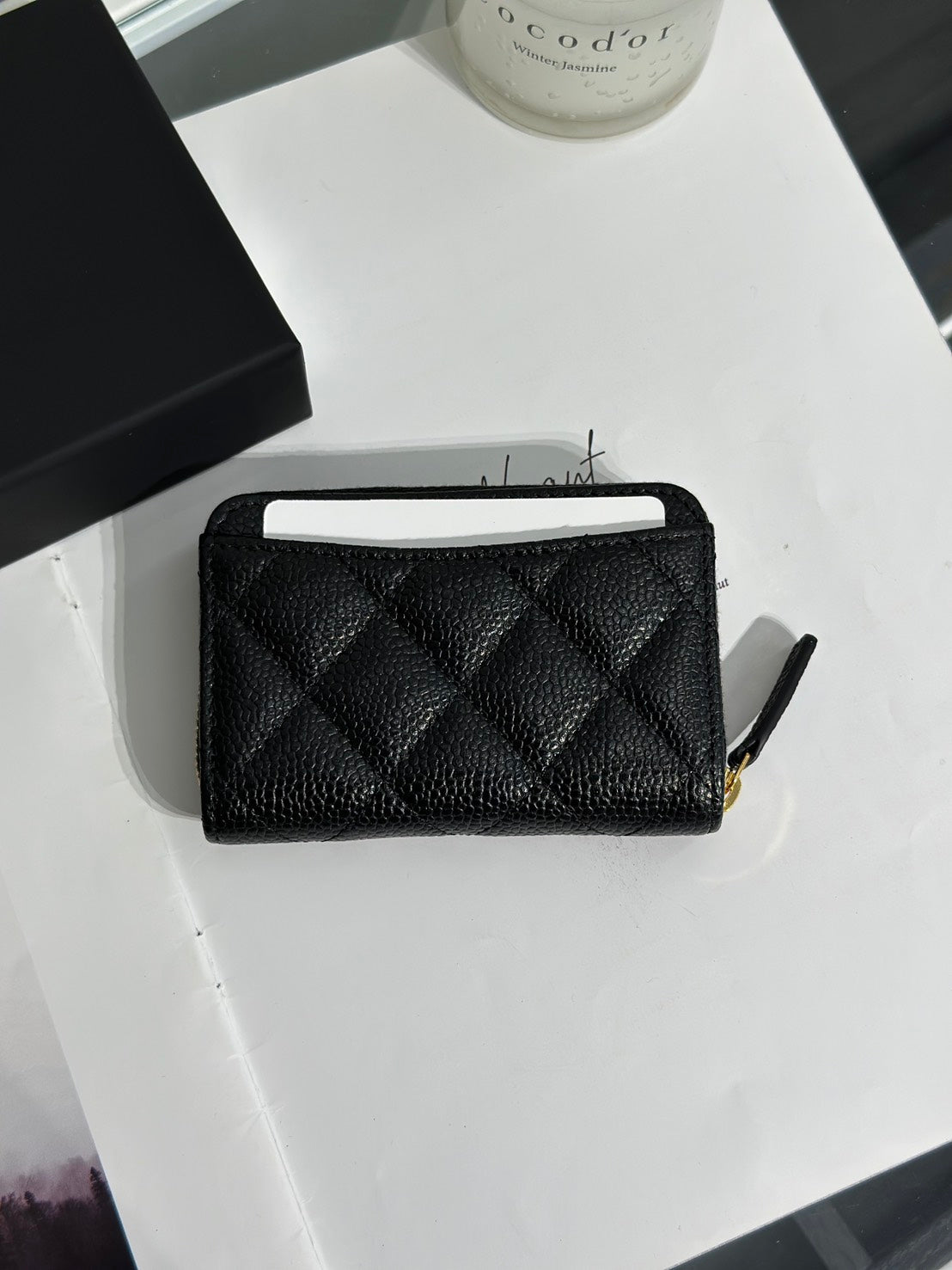 CHANEL 經典粒面牛皮拉鍊零錢包 - 黑金