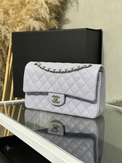 CHANEL 經典口蓋包CF25 - 粒面牛皮淺紫銀