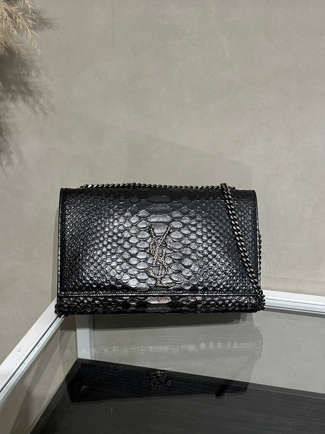 YSL 蛇皮壓紋鍊包 - 黑銀