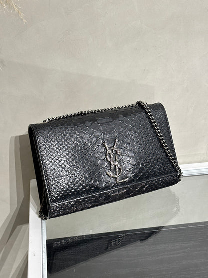 YSL 蛇皮壓紋鍊包 - 黑銀