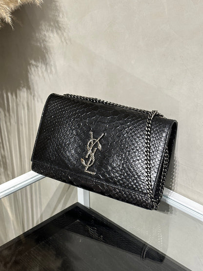 YSL 蛇皮壓紋鍊包 - 黑銀