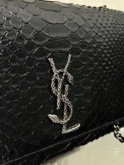 YSL 蛇皮壓紋鍊包 - 黑銀
