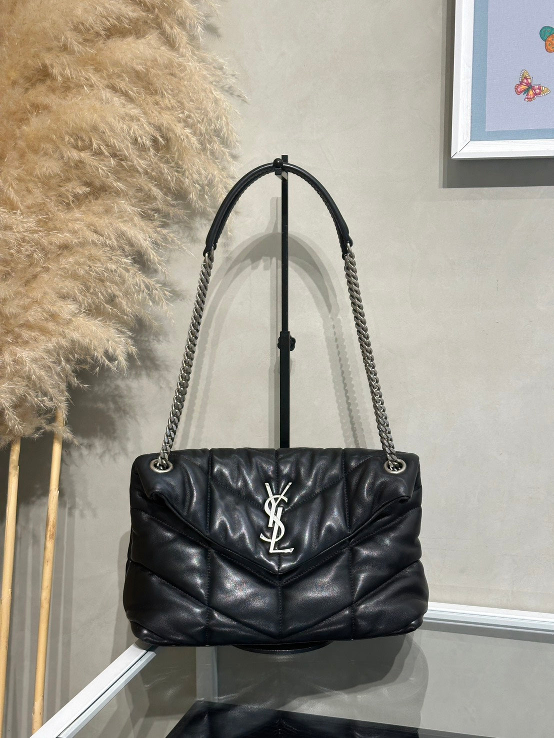 YSL Puffer小羊皮單肩包 - 小號黑銀