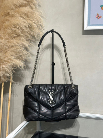 YSL Puffer小羊皮單肩包 - 小號黑銀