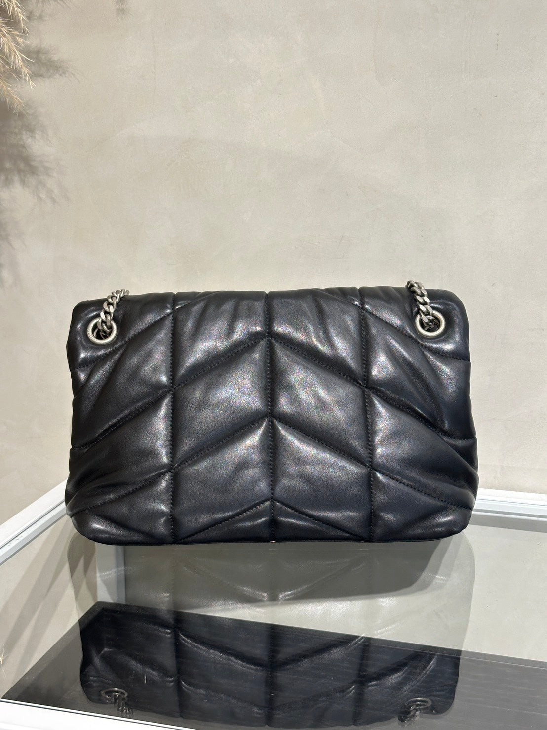 YSL Puffer小羊皮單肩包 - 小號黑銀