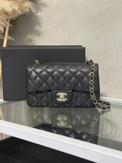 CHANEL 經典口蓋包Mini CF20 - 粒面牛皮黑金25開