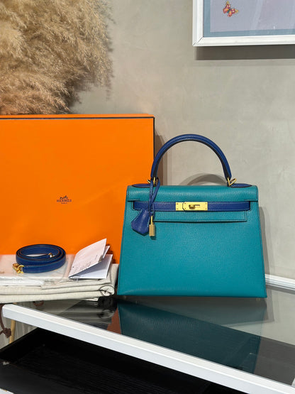 HERMES Kelly 28 - Bleu Paon/Bleu Electrique 孔雀藍拚電光藍金 A