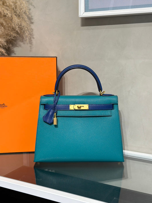 HERMES Kelly 28 - Bleu Paon/Bleu Electrique 孔雀藍拚電光藍金 A