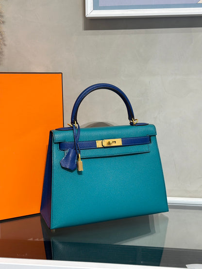 HERMES Kelly 28 - Bleu Paon/Bleu Electrique 孔雀藍拚電光藍金 A