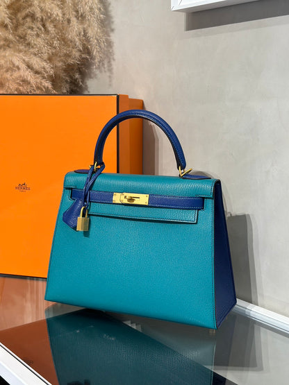 HERMES Kelly 28 - Bleu Paon/Bleu Electrique 孔雀藍拚電光藍金 A