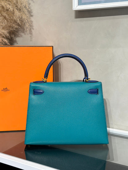 HERMES Kelly 28 - Bleu Paon/Bleu Electrique 孔雀藍拚電光藍金 A