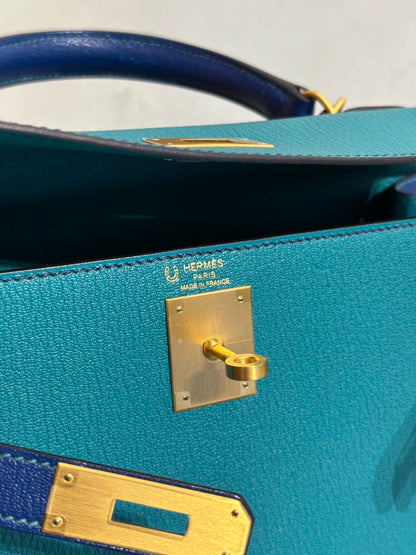 HERMES Kelly 28 - Bleu Paon/Bleu Electrique 孔雀藍拚電光藍金 A