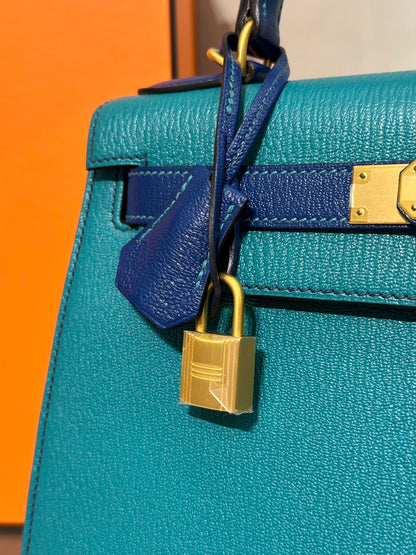 HERMES Kelly 28 - Bleu Paon/Bleu Electrique 孔雀藍拚電光藍金 A