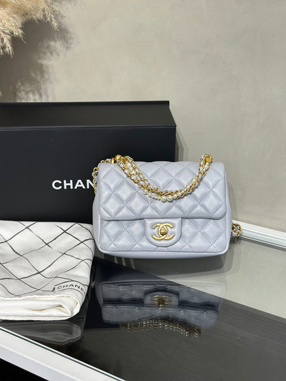 CHANEL 24P珍珠鍊手提方胖子 - 淺藍