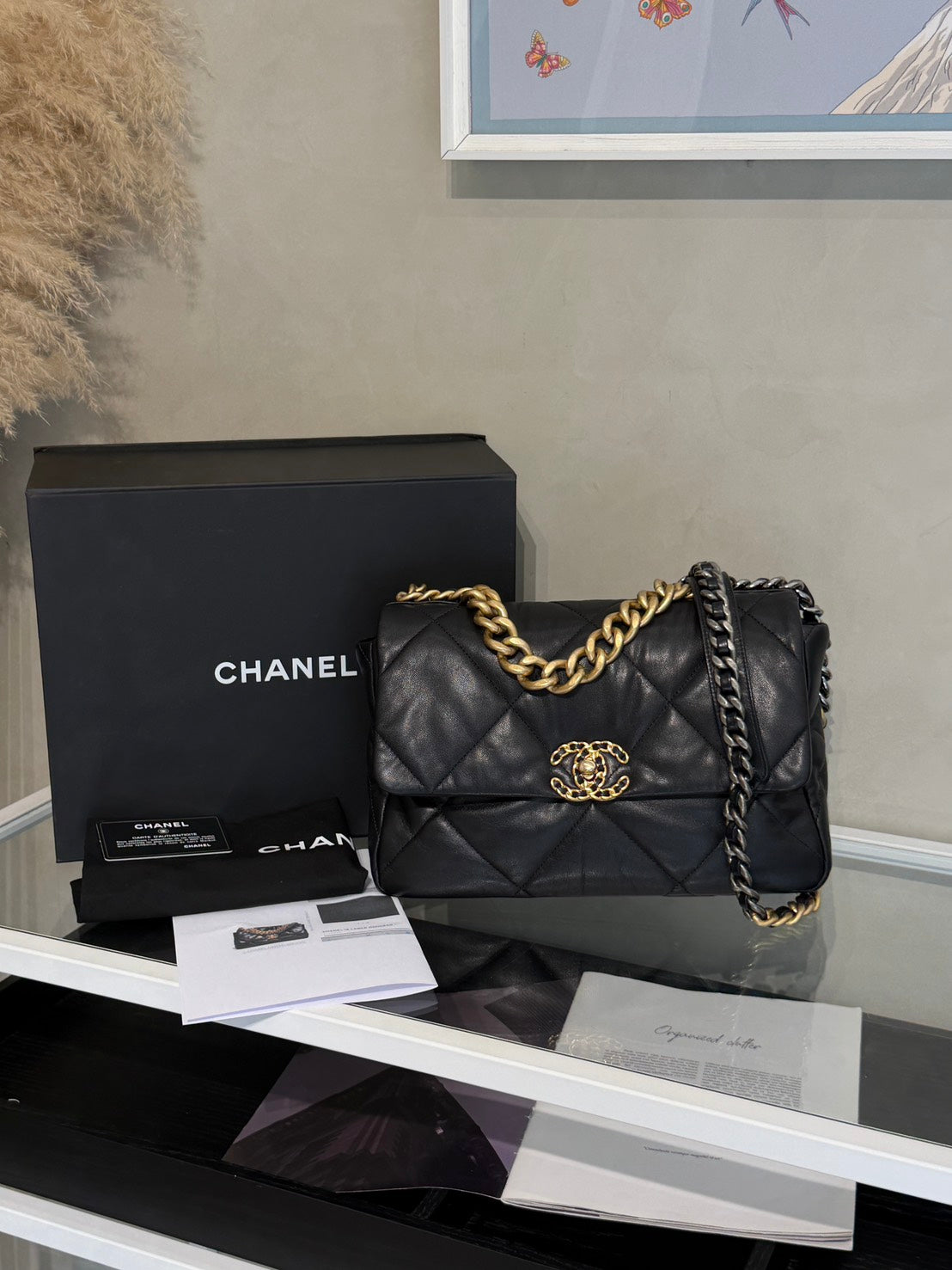 CHANEL 19 Bag 菱格紋羊皮手提肩背包 30 - 黑金28開
