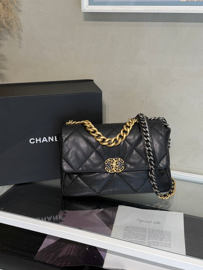 CHANEL 19 Bag 菱格紋羊皮手提肩背包 30 - 黑金28開